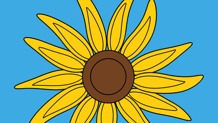 Bright yellow sunflower graphic on blue background, simple floral illustration with brown center, vector style art