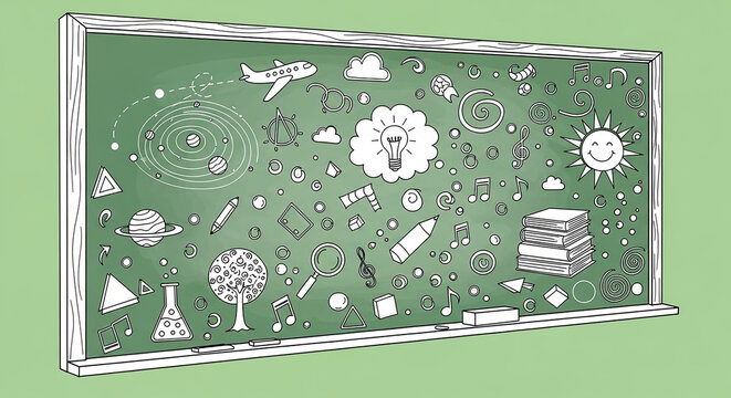 A detailed illustration of a green chalkboard filled with various hand-drawn symbols and icons.