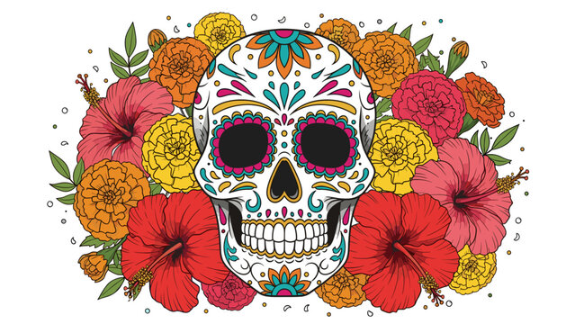 Vibrant Mexican Sugar Skull (Calavera) with Colorful Marigolds and Hibiscus Flowers for Day of the Dead - Powered by Adobe