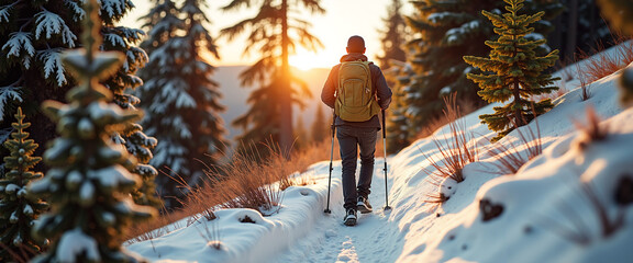 Man hiking with backpack and poles through snowy forest at sunset  