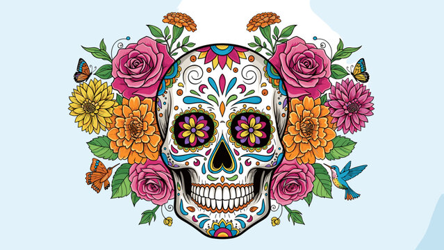 Day of the Dead Sugar Skull with Vibrant Floral Arrangement, Butterflies & Hummingbird Illustration - Powered by Adobe