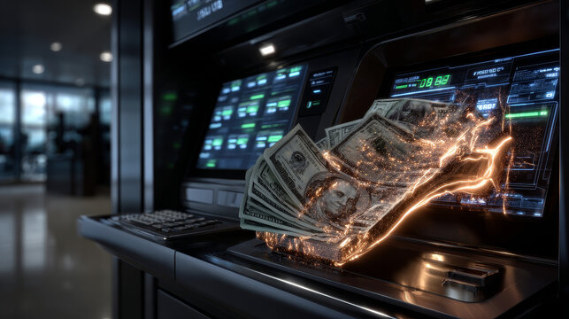 3D Withdrawing cash from ATM. Cash dollar bills. Cashing out of finances. Bank payment concept. 3D Rendering