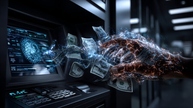 3D Withdrawing cash from ATM. Cash dollar bills. Cashing out of finances. Bank payment concept. 3D Rendering