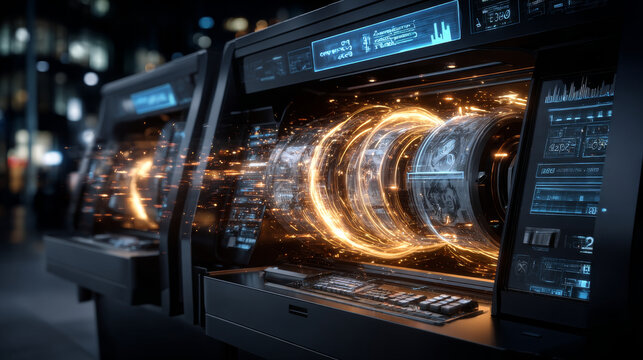 3D Withdrawing cash from ATM. Cash dollar bills. Cashing out of finances. Bank payment concept. 3D Rendering