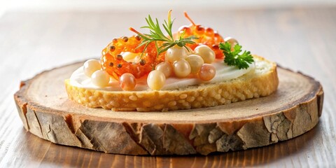 A delectable appetizer featuring creamy spread, vibrant orange fish eggs, and pearly white spheres atop a toasted bread slice, artfully presented on a rustic wooden base.
