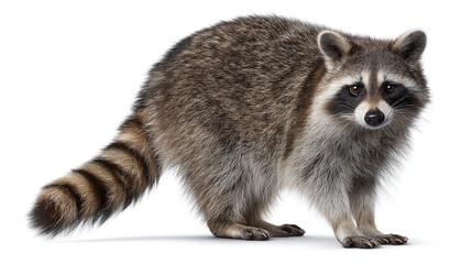 Obraz premium A raccoon standing on a white background looking directly at the camera lens