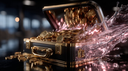 Fototapeta premium 3d icon of coins flying out from suitcase isolated on white background. 3D concept of money wealth.