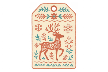 Christmas gift tag featuring a reindeer, folk art design, snowflakes, and festive winter motifs on a transparent background