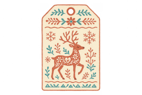 Christmas gift tag featuring a reindeer, folk art design, snowflakes, and festive winter motifs on a transparent background