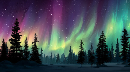 Silhouette of pine trees under aurora borealis in a night sky with stars