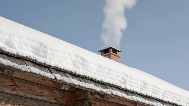 Sharp, static shot of wooden cabin roof covered with snow; thin smoke rising from chimney; clear visibility of roof texture and snow granules.
