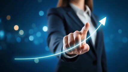 Businesswoman touching glowing rising graph line, symbolizing financial growth, success, and business progress. - Powered by Adobe