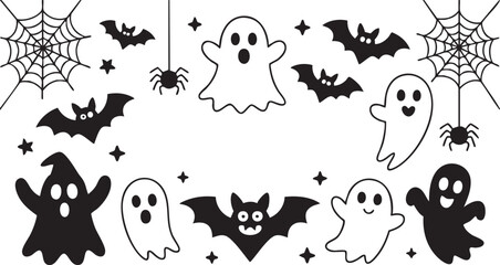 Set of minimalist Halloween icons Cute cartoon ghost spider and bat collection isolated on white background