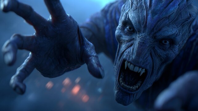 A man with a monstrous visage is staring directly at the camera from behind a window, creating a creepy and unsettling atmosphere