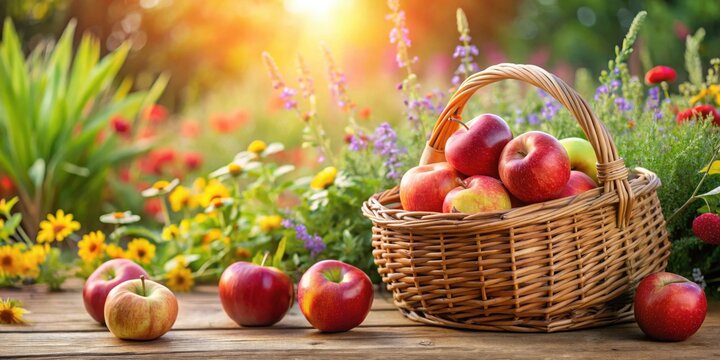 A wicker basket brimming with ripe, red apples sits on a rustic wooden surface, surrounded by a vibrant garden in bloom, bathed in the warm glow of sunlight.