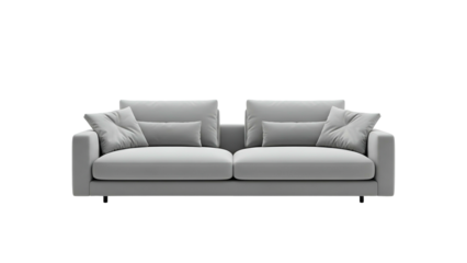 Contemporary light gray modular sofa with multiple soft cushions displayed against a black background