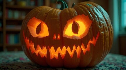 Carved Jack-o'-Lantern glowing with eerie light, casting spooky shadows for a frighteningly fun Halloween night, perfect for seasonal marketing campaigns and festive designs