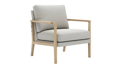 Contemporary upholstered armchair features a light wood frame and neutral cushions