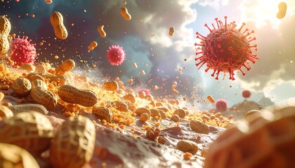 Red spiky viruses float above a peanut-covered landscape under a bright, cloudy sky
