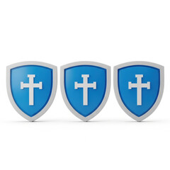 Obraz premium 3d blue shields with white crosses isolated on transparent background