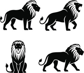 Four black lion silhouettes in different poses animal