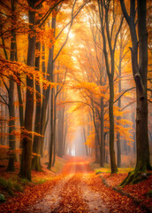 A serene forest path covered in fallen autumn leaves