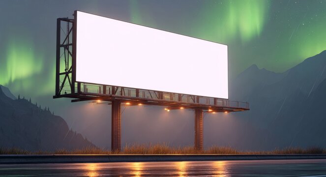 A beautiful aurora borealis shines above a misty alpine lake with a magical luminous floating billboard mockup
