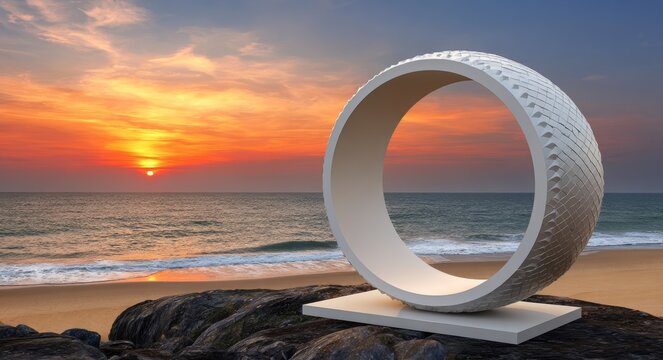 A peaceful aesthetic is captured in a serene kinetic sculptural display mockup situated on a rocky coastline at diffused dawn