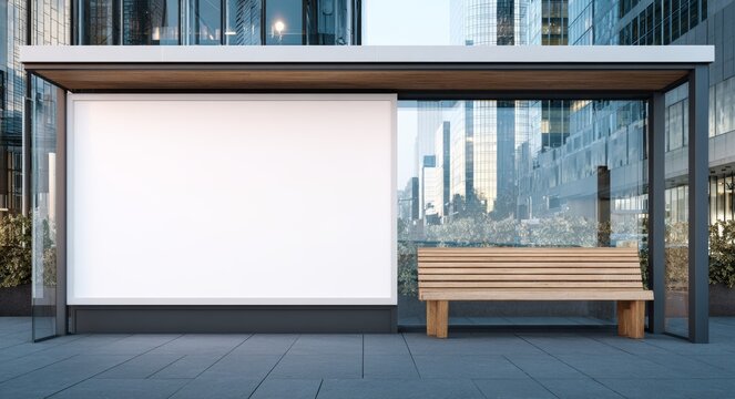 A modern bus stop advertising display mockup is set in a vibrant city scene under daylight conditions
