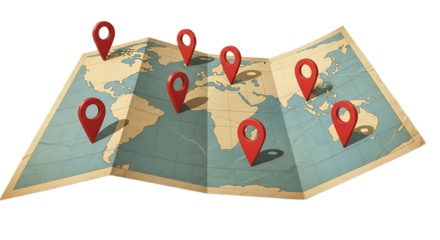 A world map with red location pins scattered across continents indicating various destinations
