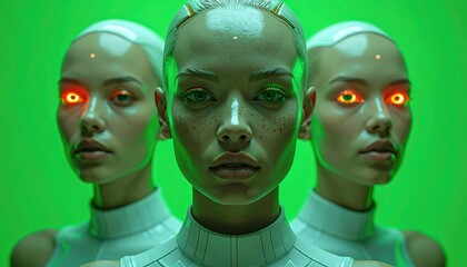 Portrait of three futuristic humanoids. The subjects, with shaved heads and glowing eyes, stand against a vibrant green backdrop