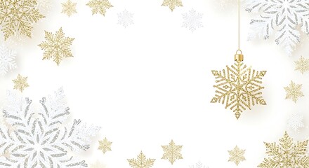Photo of a collection of sparkling gold and silver snowflake ornaments scattered on a clean white background, isolated on white background