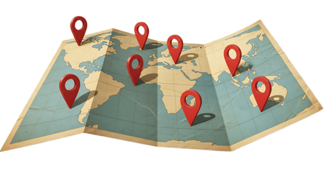 A world map with red location pins scattered across continents indicating various destinations