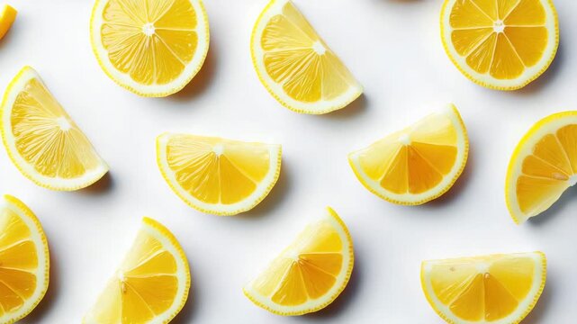 Multiple lemon halves and wedges scattered in a seamless top-down layout on a white background. Fresh citrus fruit with vibrant color. Clean and minimal food concept.