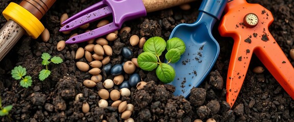 Close-up of assorted gardening tools, seeds, and soil, fertilizer, earth