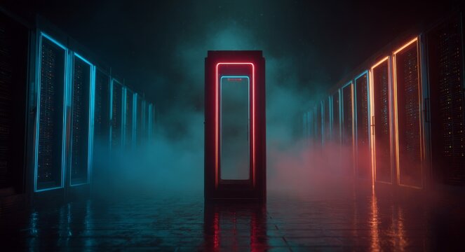A modern server room provides the backdrop for a sleek, geometric structure that radiates an ethereal glow, embodying advanced technology and data processing