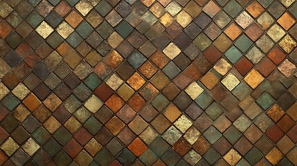 Rustic square tile pattern in brown, gold, green and orange shades