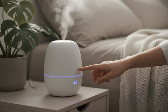 A woman's hand turns on a white ultrasonic humidifier on a nightstand in a bedroom
