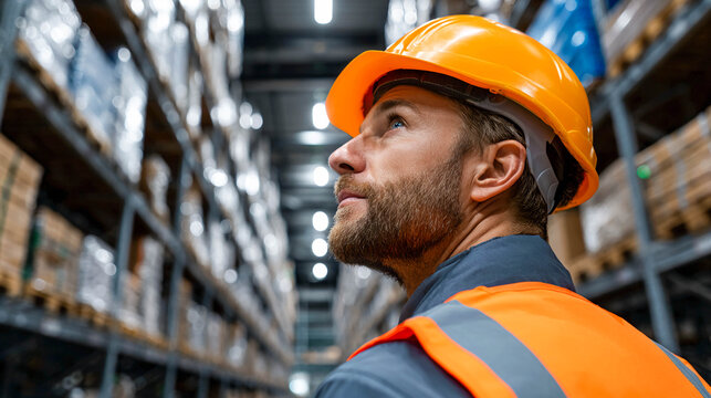 A man in a warehouse. He is wearing a work uniform and looking around intently. There are shelves of boxes all around him.