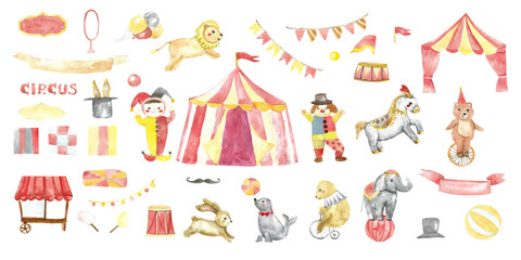 Circus watercolor elements set. Cute circus animals with tent, flags, ribbons, labels. Lion, Elephant, Seal, Horse and Bear in costumes for kids party. © ZhumaStudio