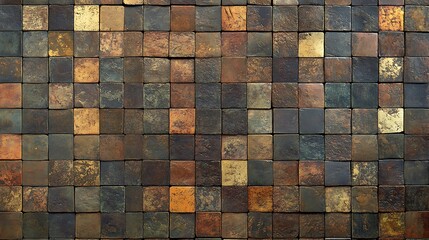 Rustic square tile pattern in brown, gold, green and orange shades