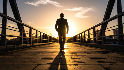 Shadow of a person walking across a bridge