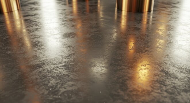 Reflective metallic floor surface shows diffused light and polished cylindrical objects