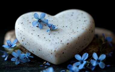 Textured white heart, adorned with tiny blue flowers, dark background