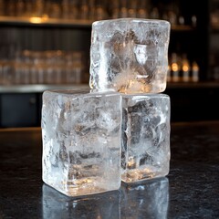 Three clear ice cubes stacked on a dark bar with glassware
