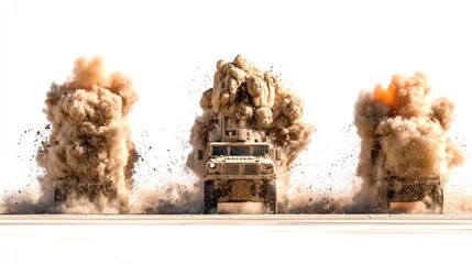 Three armored vehicles amidst large dust plumes from explosions