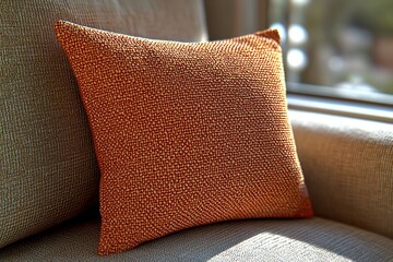 Textured orange throw pillow on a sofa, bathed in warm sunlight