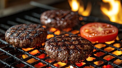 Three browned burger patties and a tomato slice sizzling on a grill