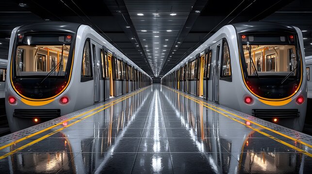 Clean, modern subway train with its doors wide open at a brightly lit, empty platform. The symmetrical composition conveys efficiency and serenity.
