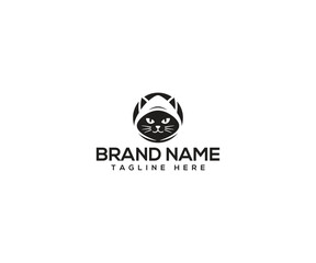 Cat Logo Design: A sleek, minimalist logo showcasing a stylized cat silhouette with a hooded design, exuding a sense of mystery. Perfect for branding. 